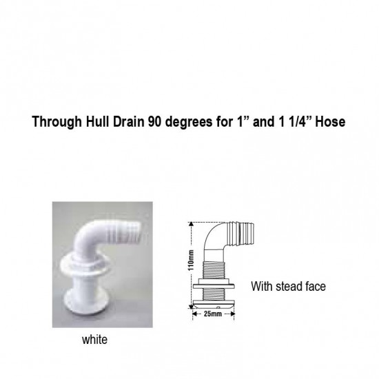 Thru-Hull Elbow 90º, Hose Ø25mm, Plastic, White