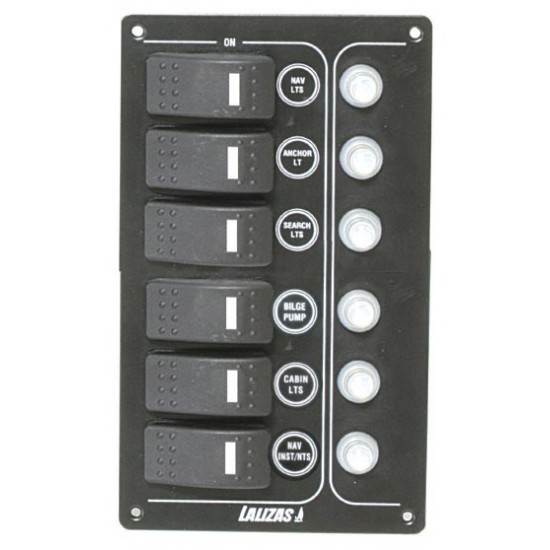 Switch Panel 'SP6 Offshore', 6 waterproof switch, w/Led/6auto fuses, 120x195mmx1.5mm